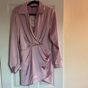 Zara Elegant Pink Satin Wrap Dress